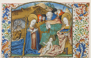 Feuillet enluminé Nativité avec Sainte Cécile